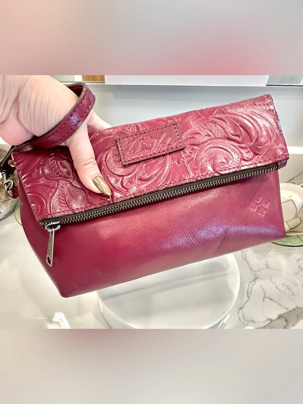 Patricia Nash Tooled Floral Motif Magenta Leather Wristlet/Clutch Purse - EUC